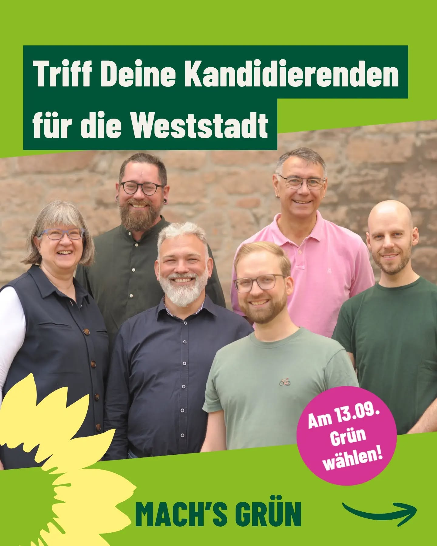 Du wohnst in der Weststadt und möchtest deine Kandidierenden für die Kommunalwahl am 13.09.2026 kennenlernen?
Dann ist dieser Beitrag für Dich! 
 Triff uns am 12.08. ab 17 Uhr beim Grünen Weststadtgespräch bei Am Westpark 38, oder komm zu einem unserer Infostände:
- 22.08., 05.09. und 12.09 jeweils 9-12 Uhr
- 03.09. und 10.09 jeweils 9-11 Uhr 
Immer am Einkaufszentrum Elbestraße (Änderungen vorbehalten).

#Braunschweig